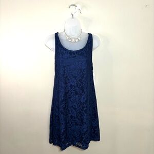 Short Navy Blue Lace Overlay Dress Sleeveless Scoop Neckline Lined NWT